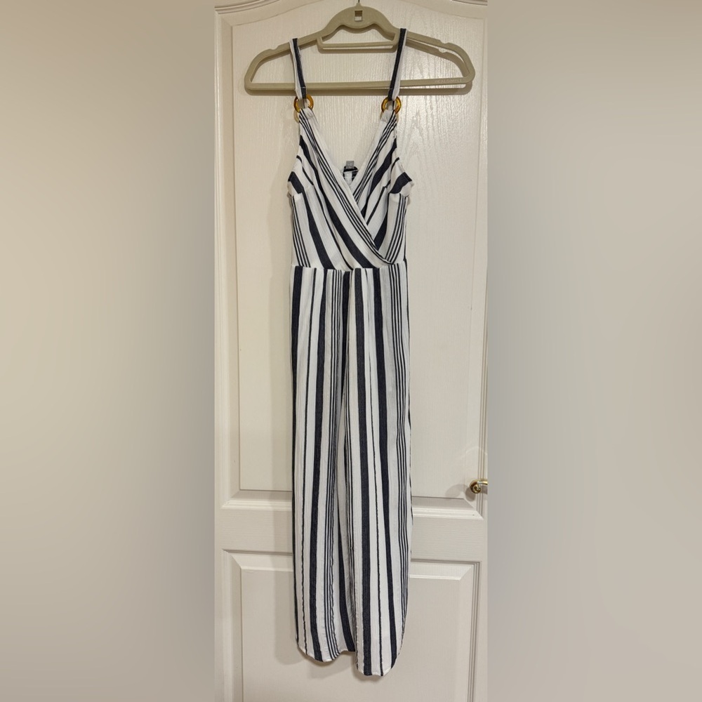American Eagle blue and white stripe surplice jumpsuit